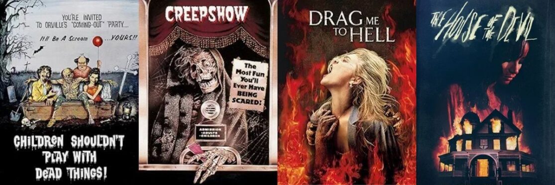 A collage of thumbnails for three new movies on Shudder: Children Shouldn't Play With Dead Things, Creepshow, Drag Me to Hell, and The House of the Devil