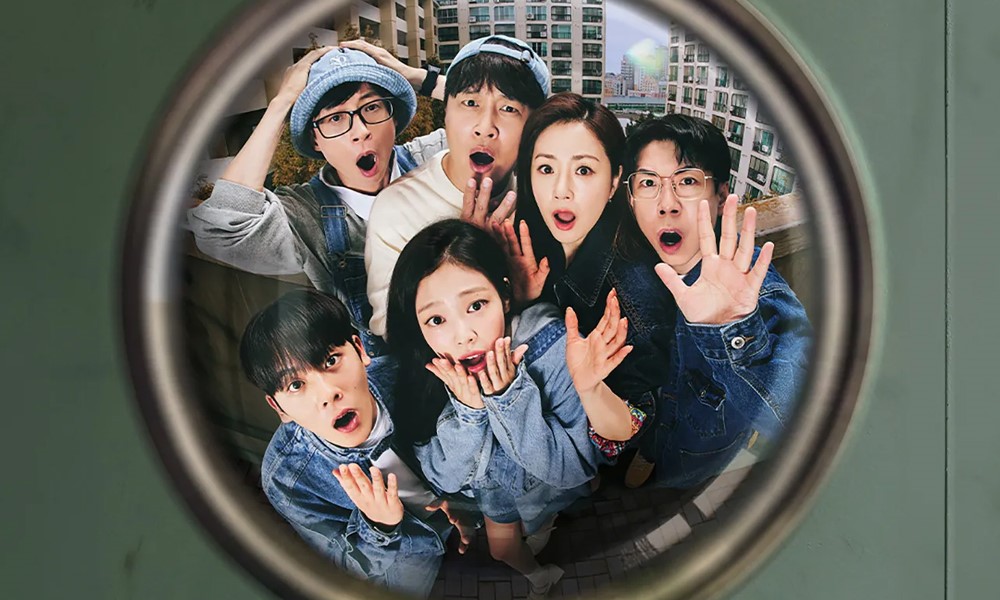 A group of young people with shocked expressions look up into a fish eye lens, like a front door peep hole.