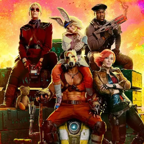 Movie poster for the Borderlands movie, featuring six characters around a burning background