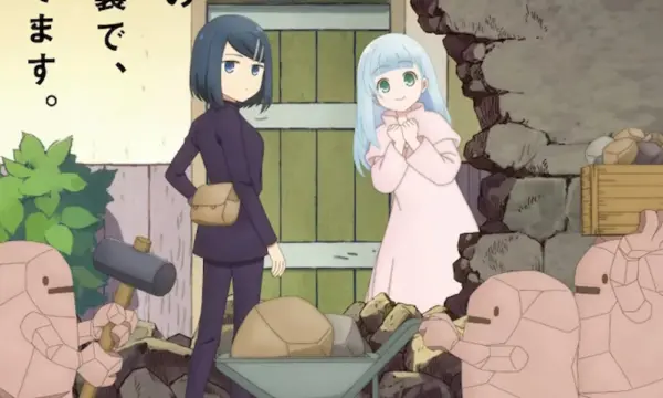 DungeonPeople1000x600 Two anime girls watch little rock creatures fix a hole in a wall.