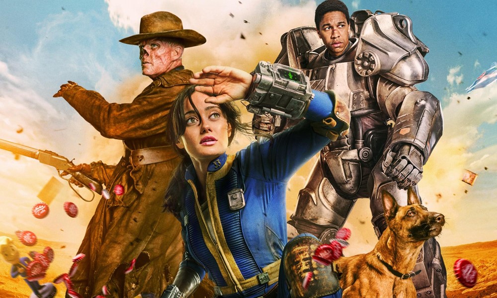 A woman wearing a blue Fallout vault suit in front of a noseless man in a hat and a man in a big robot suit. Also there's a dog and some bottle caps.