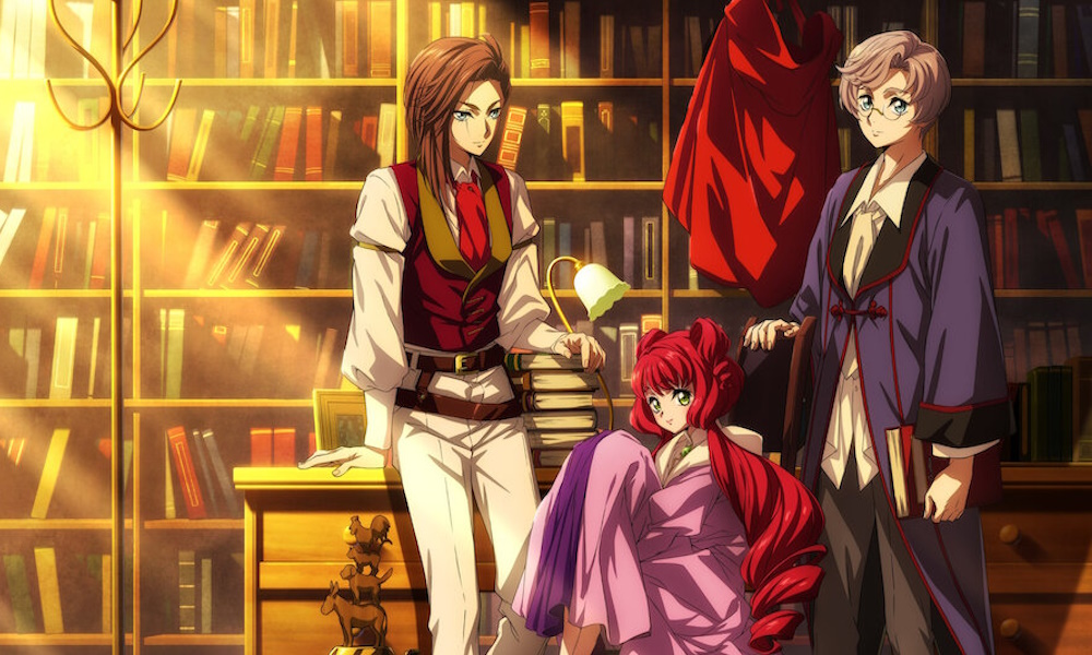 Three anime siblings stand in a sunny library.