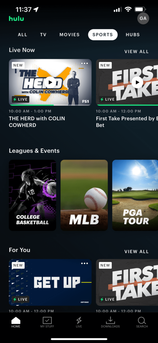 Hulu Live home page