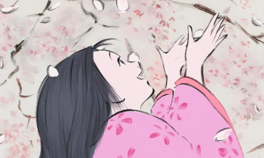 An animated girl in a pink kimono looks joyfully up at cherry blossoms.