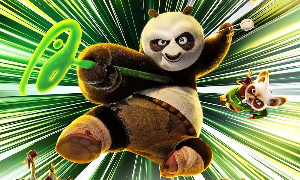 An animated panda kung fu fighting. On a green background, he appears to be fast as lightning.