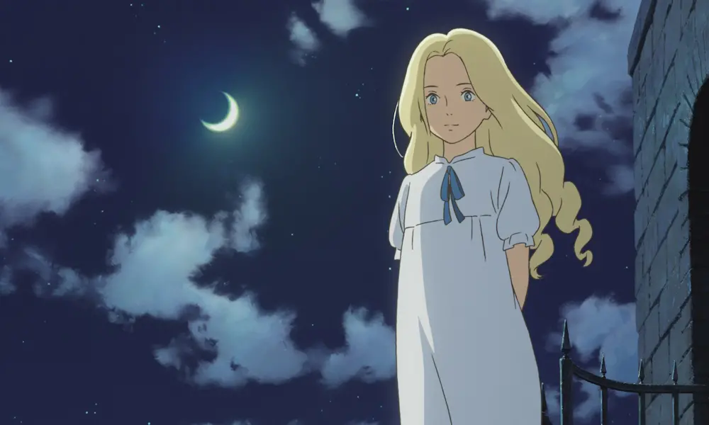 A young animated girl with long, pale blonde hair, wearing a frilly nightgown in the moonlight.