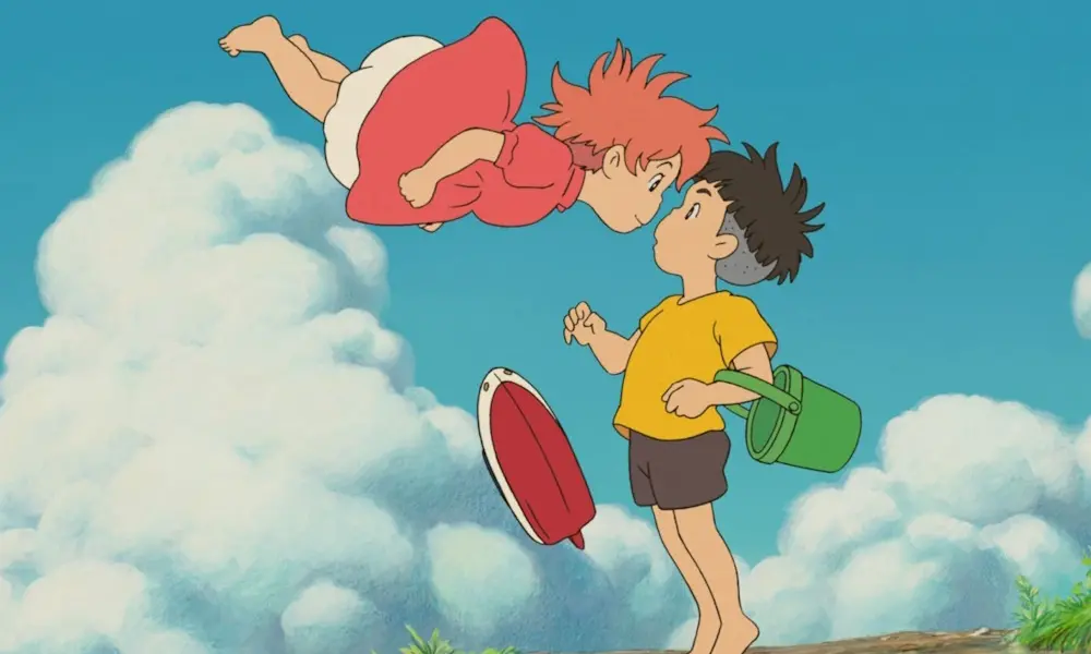 Ponyo, a young animated girl with short red hair and a puffy red dress, flies above a boy with short black hair and a yellow shirt. Both look surprised.