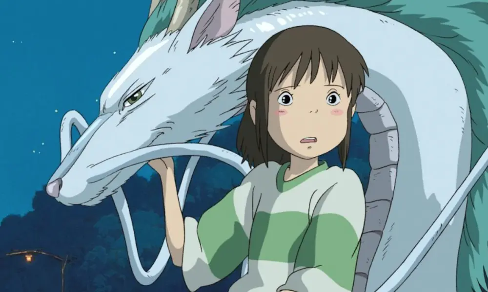 An animated girl with brown hair and a green striped shirt stands in front of an Asian-style white dragon.
