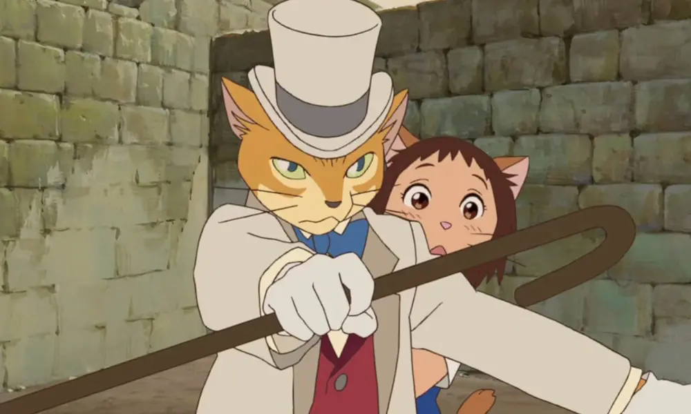 A bipedal yellow cat in a white suit and top hat stands defensively in front of a human-faced catgirl.