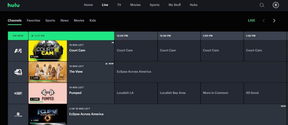The Hulu + Live TV live programming guide.