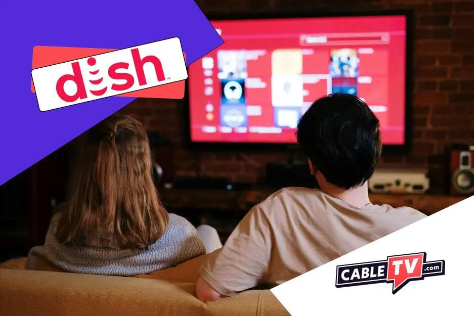 Couple enjoys Dish Network television while sitting on the couch. Our review covers Dish Network TV packages, prices, and channels.