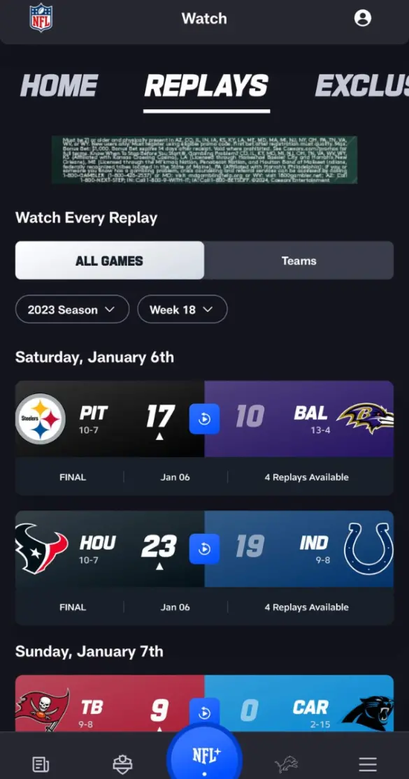 NFL plus replays section on app