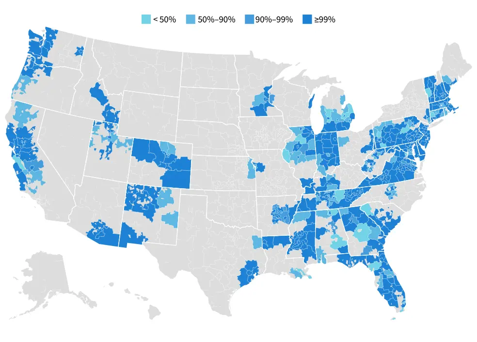 US map showing shaded areas of availability coverage for Xfinity