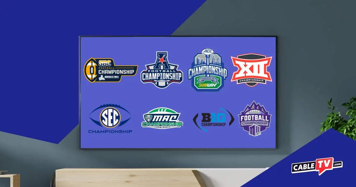 A flatscreen TV displays college football conference logos.