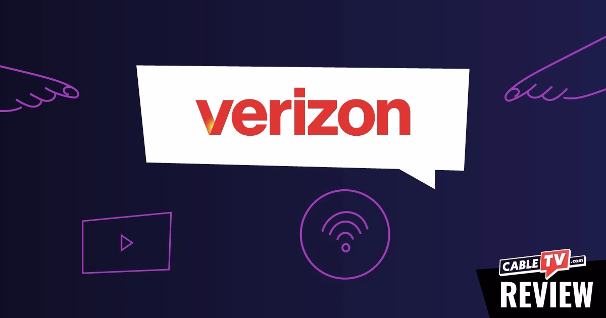 The image for this Verizon Fios TV review has the Verizon logo in a talk bubble over a dark blue background. In the bottom right-hand corner it says "CableTV.com review."