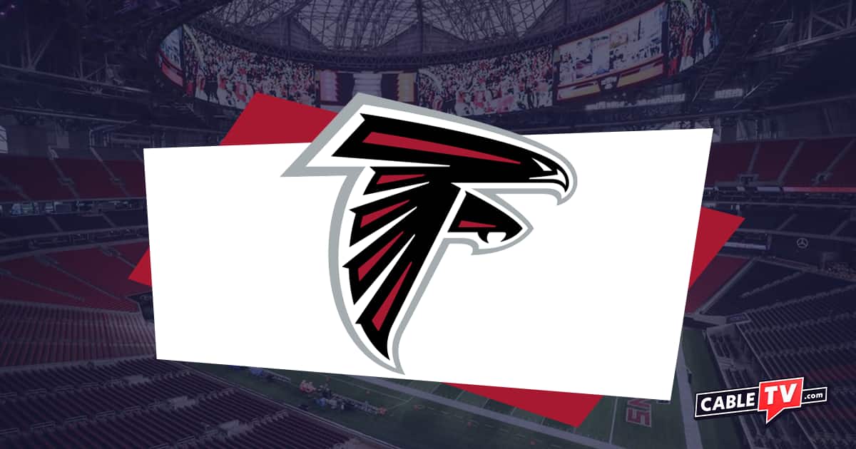 The Atlanta Falcons logo over an image of Mercedes-Benz Stadium.