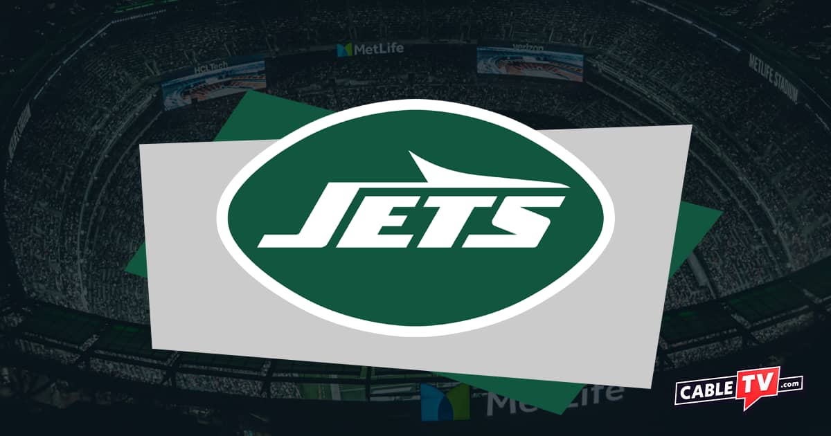 The New York Jets logo over an image of MetLife Stadium.
