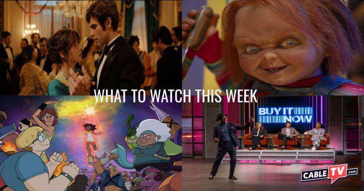 A collage of images from Buy It Now, Doc of Chucky, Like Water for Chocolate, and Invincible Fight Girl, recommendations in CableTV.com's What to Watch This Week column for October 28 - November 3.