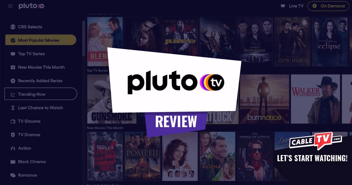 The Pluto TV logo over a screenshot of the service's interface.