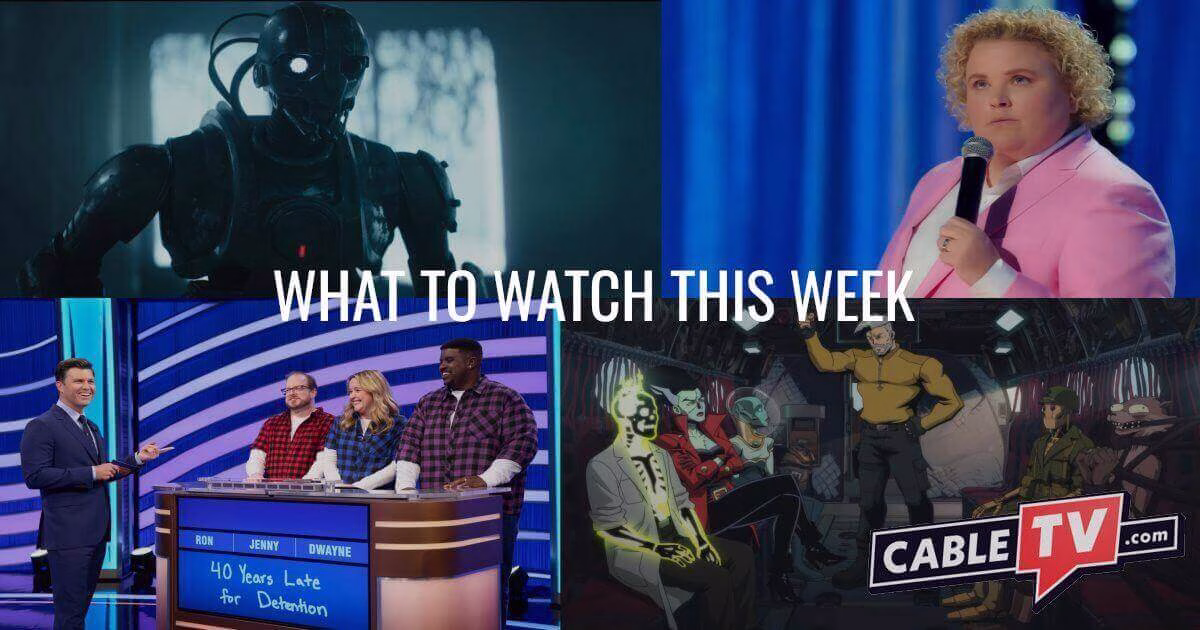 A collage of still images from Star Wars: Skeleton Crew, Fortune Feimster Crushing It!, Pop Culture Jeopardy, and Creature Commandos—all shows covered in CableTV.com's What to Watch This Week column.