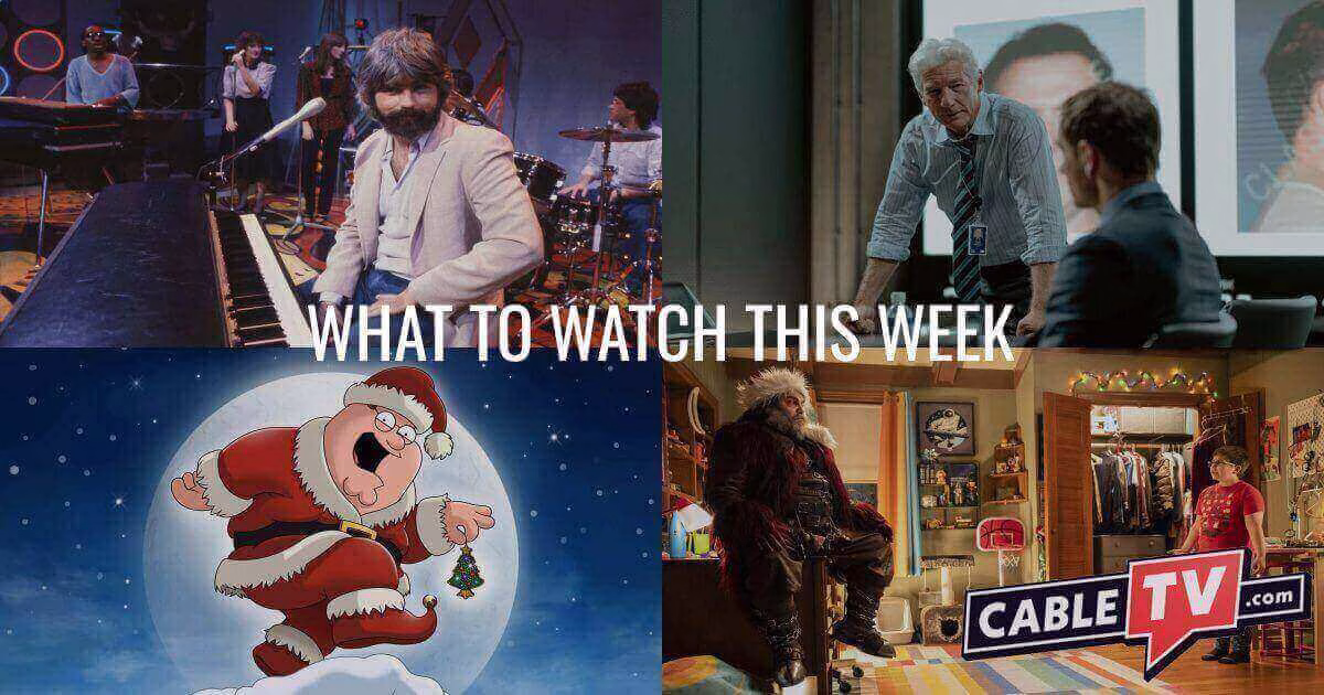 A collage of images from Yacht Rock: A Dockumentary, The Agency, Family Guy: Gift of the White Guy, and Dear Santa, shows and movies covered in CableTV.com's What to Watch This Week column.