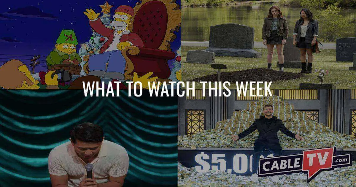 A collage of images from Laid, Ronny Chieng: Love to Hate It , The Simpsons: O C'mon All Ye Faithful, and Beast Games, all featured in CableTV.com's What to Watch This Week column.