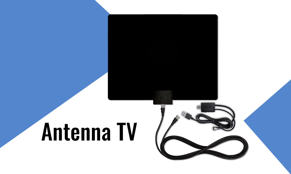 Antenna TV Setup A black flat-panel TV antenna with connected coaxial and USB cables displayed on a white background.