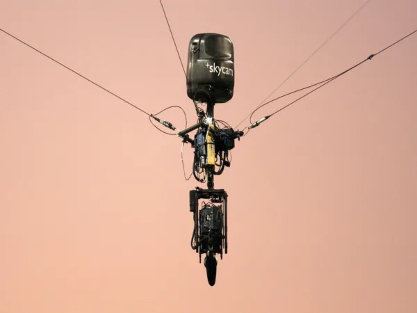 Skycam hanging in the twilight sky