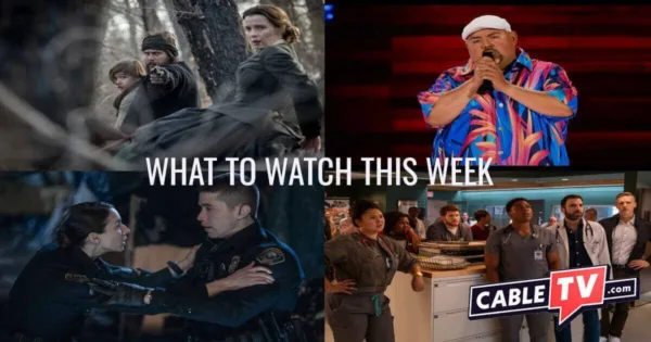featimg_w2wjan6-12 72 DPI A collage of images from American Primeval, Gabriel Iglesias: The Legend of Fluffy, On Call, and Brilliant Minds.