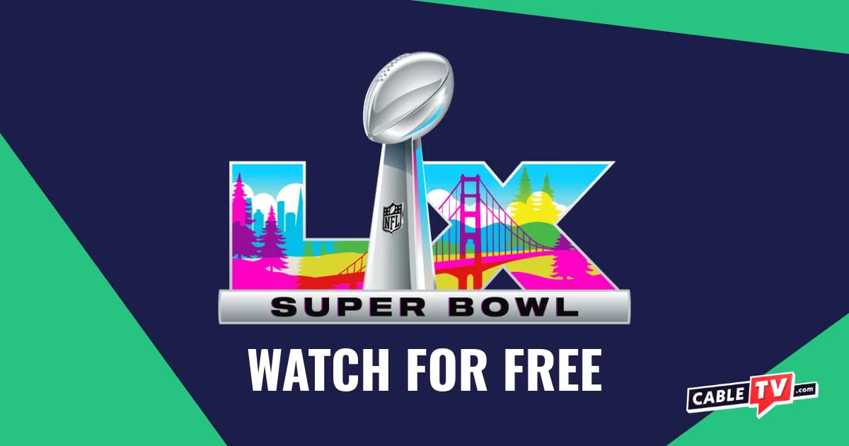 The Super Bowl 60 logo over text that reads "watch for free."