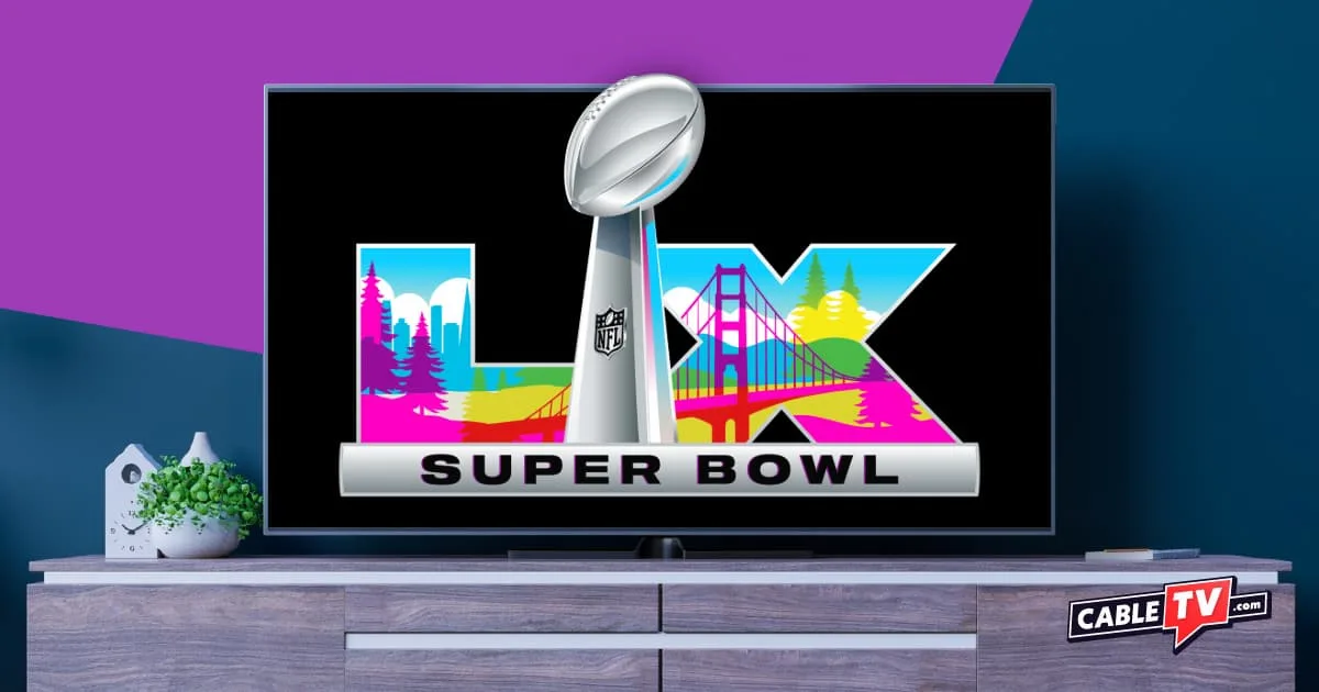 The Super Bowl 60 logo over a generic TV screen.