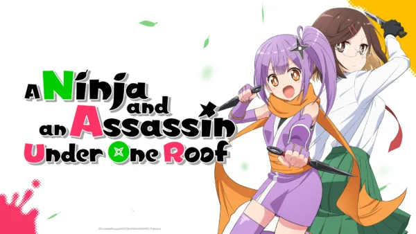ANinjaandanAssassinUnderOneRoof_Teaser_16x9_3840x2160 Promo image for A Ninja and An Assassin Under One Roof. Two women, one a bright purple cartoon-y ninja, and the other a serious assassin.