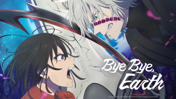 ByeByeEarth_S2_KV1_16x9_3840x2160 Promo art for Bye Bye, Earth, featuring an anime woman facing off in a duel against a man with cat ears.