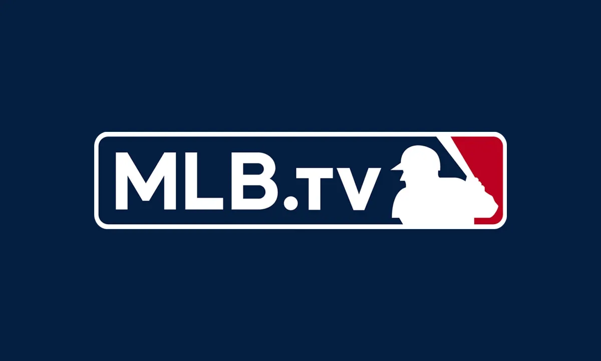 MLB TV logo on a dark blue background.