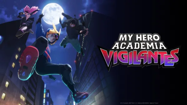 MyHeroAcademiaVigilantes_TeaserVisual_16x9_3840x2160 Key art for My Hero Academia: Vigilantes, featuring the three main characters. One is wearing an All Might hoodie.