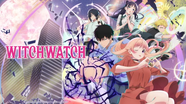 WitchWatch_KV1_16x9_3840x2160 Promotional image for WITCHWATCH, displaying a cast of five anime characters complemented by purple and pink light.