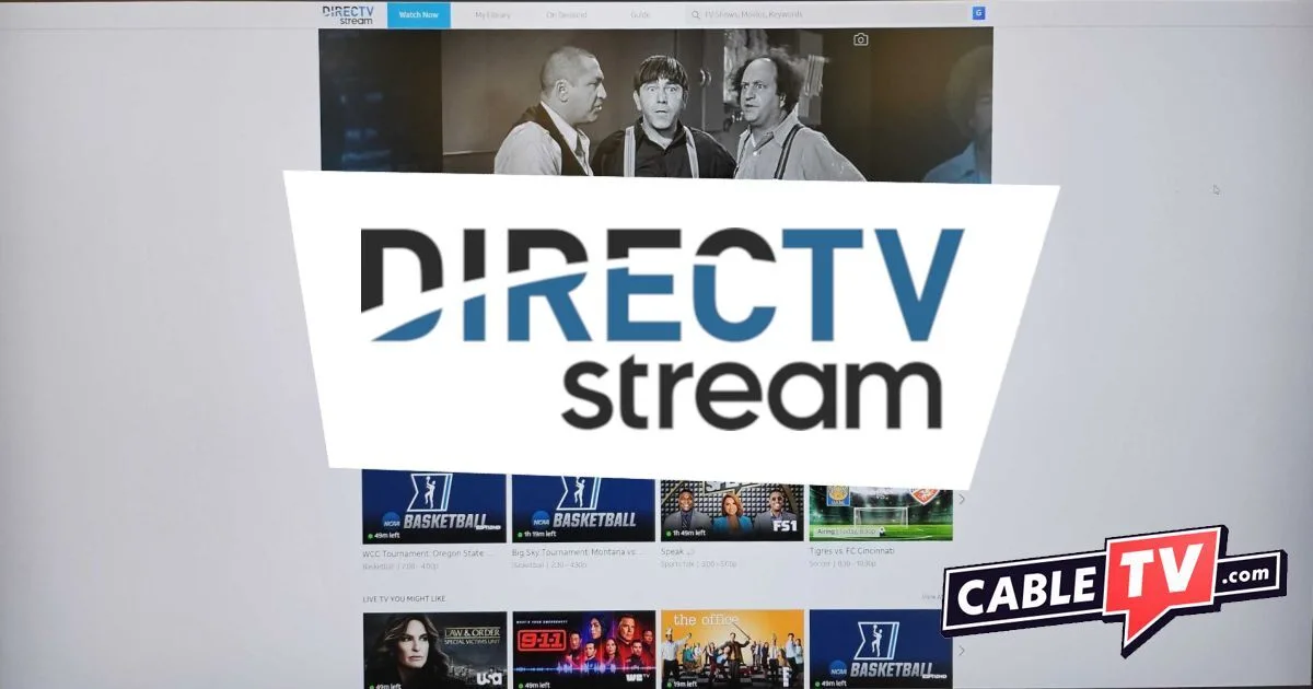 Screenshot of the DIRECTV STREAM “Watch Now” page with the brand and CableTV.com logos