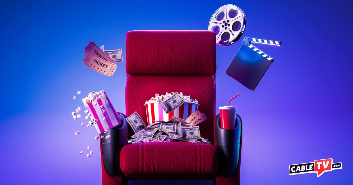A movie theater seat surrounded by popcorn, movie tickets, film reels, and money.