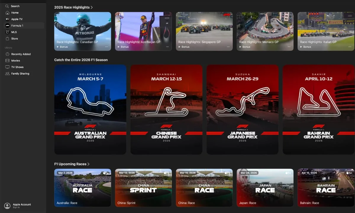 Apple TV F1 Hub Screenshot The Apple TV F1 hub displaying rows for 2025 race highlights, 2026 season panels, and upcoming race tiles.