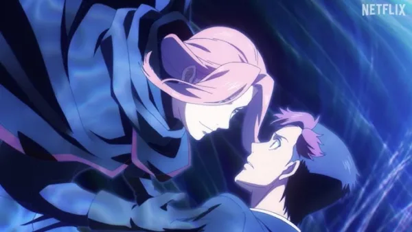 hq720 Screenshot from the anime Moonrise with a Netflix logo in the top right corner. An anime man with pin hair smiles over a man with shorter hair.