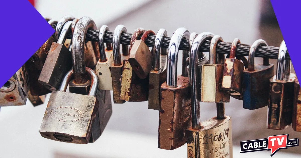 Row of padlocks on a steel cable