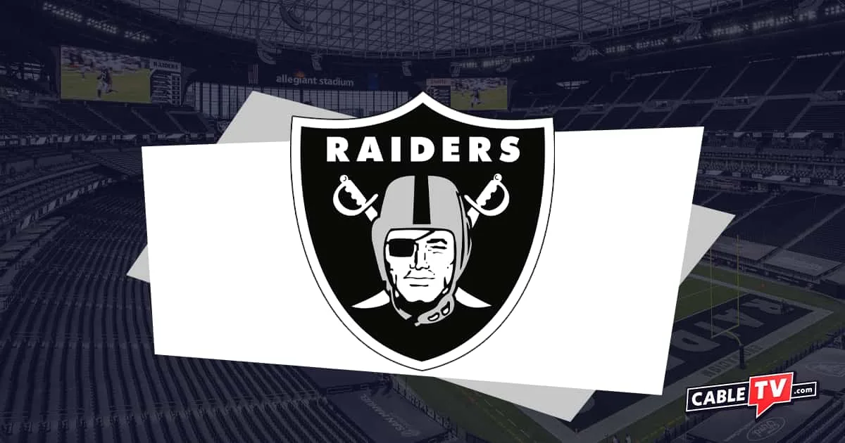 The Las Vegas Raiders logo over an image of Allegiant Stadium.