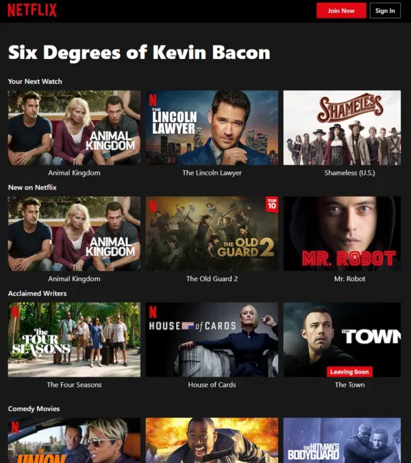 Kevin Bacon Screenshot of the Netflix category “Six Degrees of Kevin Bacon” as viewed on a computer.