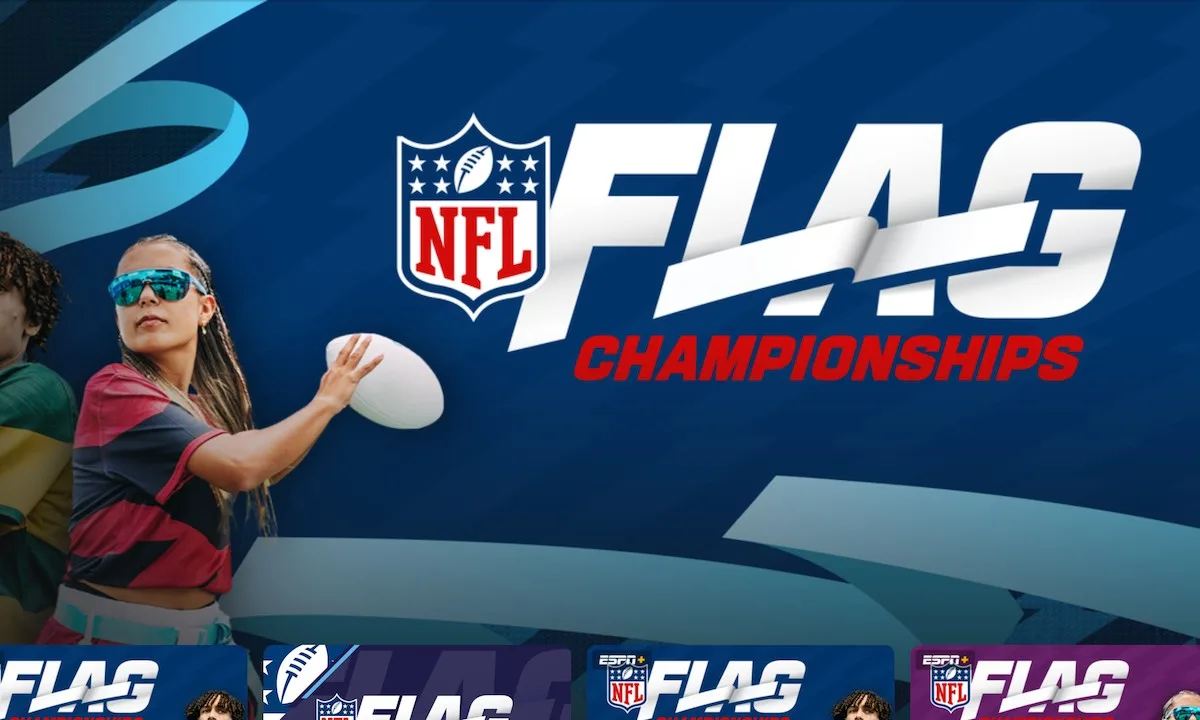 NFL Flag Text saying NFL Flag Championships on blue background, featuring a young woman preparing to throw a white football.