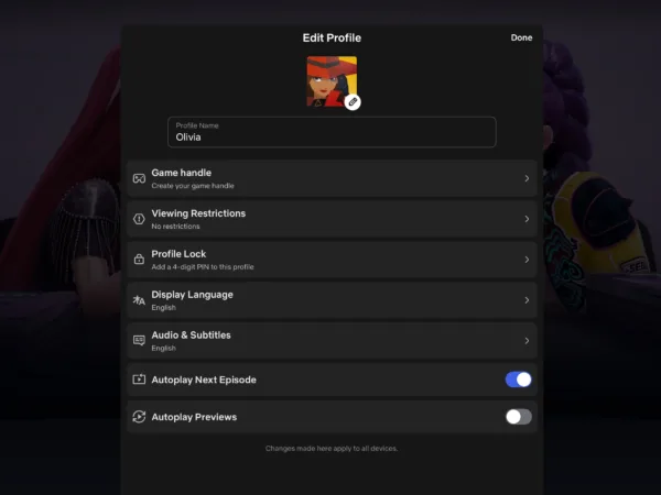 Netflix Edit Profile Screenshot of the “Edit Profile” screen on Netflix’s iPad app, displaying different customization options.