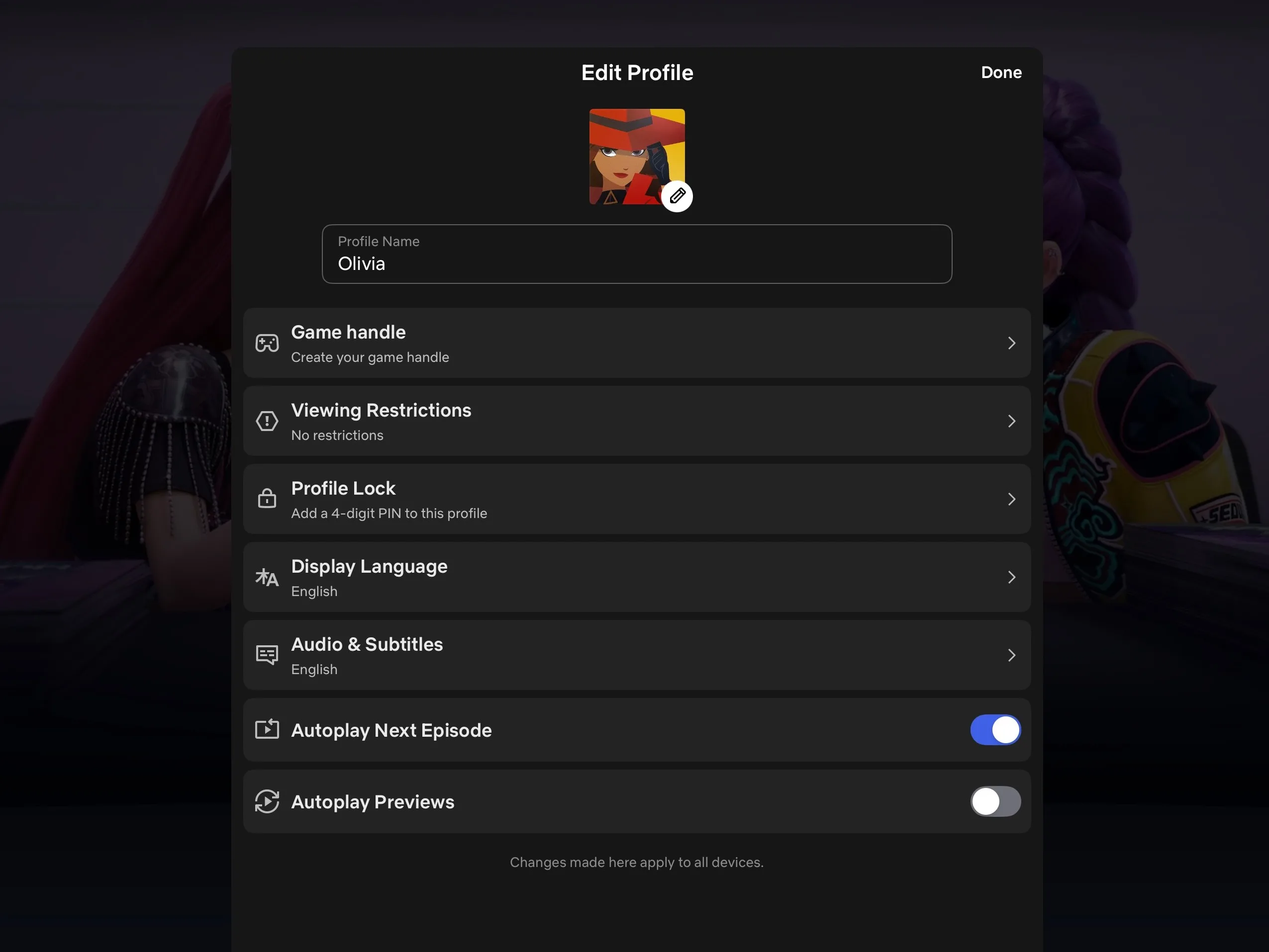 Screenshot of the “Edit Profile” screen on Netflix’s iPad app, displaying different customization options.