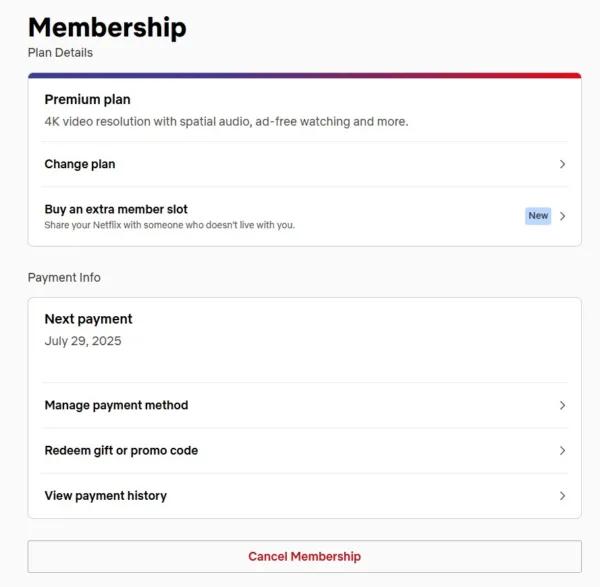 Netflix Membership Settings Screenshot of Netflix’s “Membership” settings page.