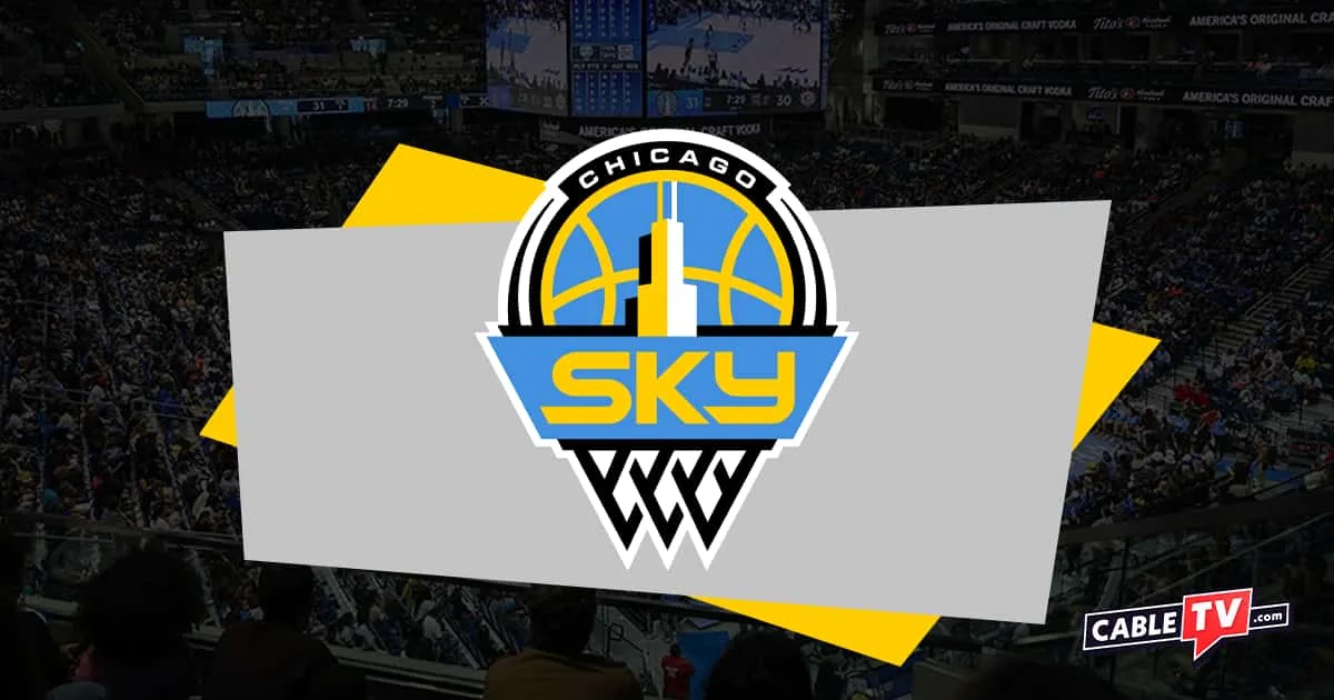 Sky blue and yellow Chicago Sky logo with shadowed basketball court in background
