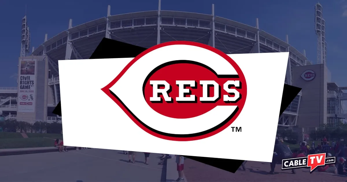 Stylized C Cincinnati Reds logo with outside of baseball stadium in background