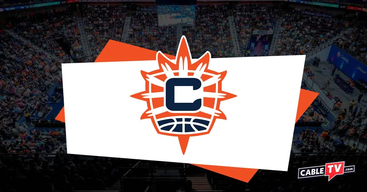 Orange Connecticut Sun logo with basketball court as background with shadow effect